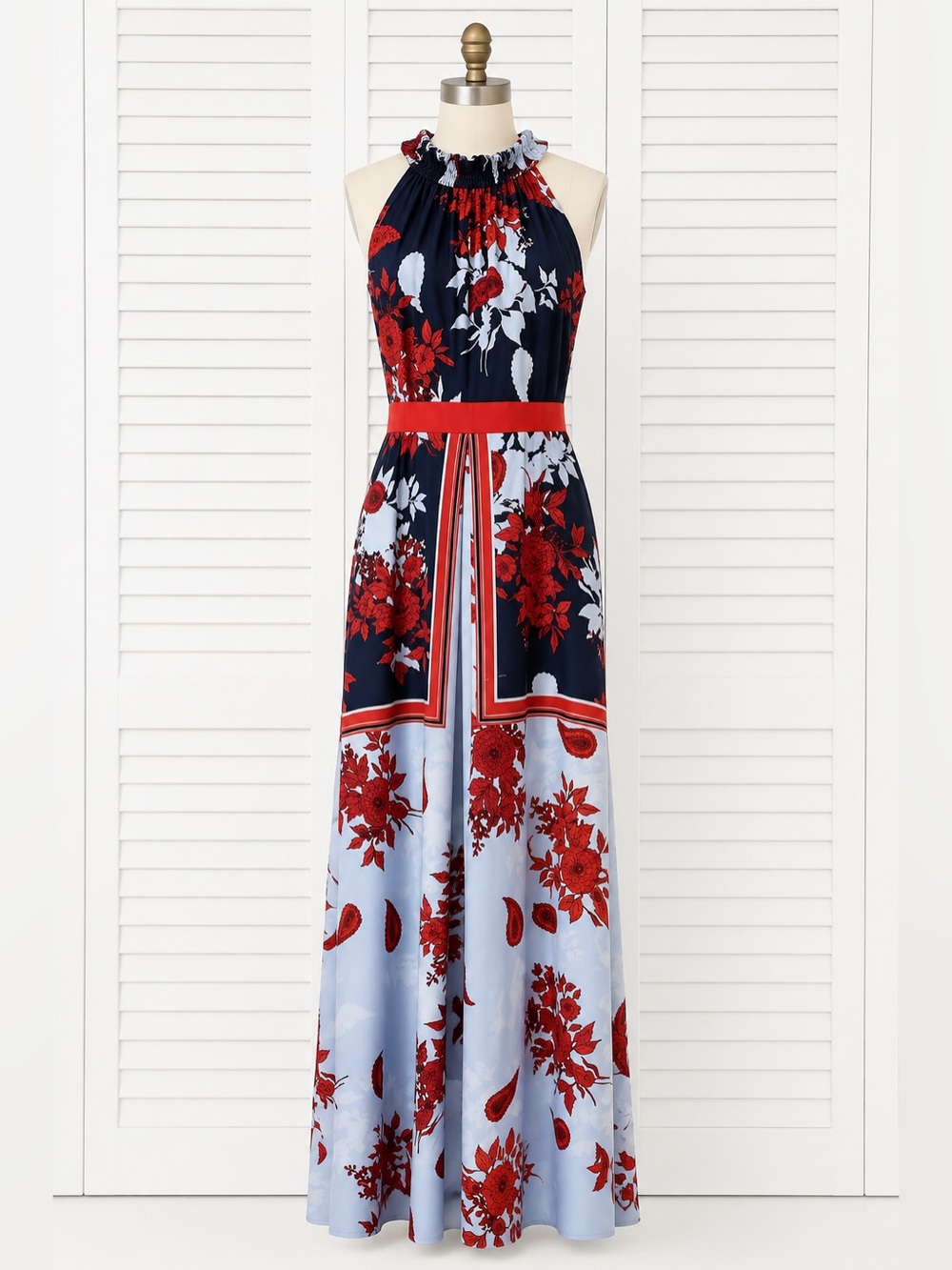 Gabby Skye Navy, Red & Light Blue Floral Halter Maxi Dress